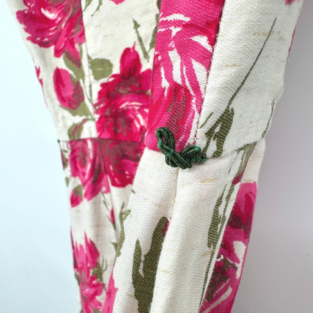 Vintage 50s 60s Floral Barkcloth Wiggle Sheath Dress S Pink Roses Mod Pin Up - Picture 8 of 10